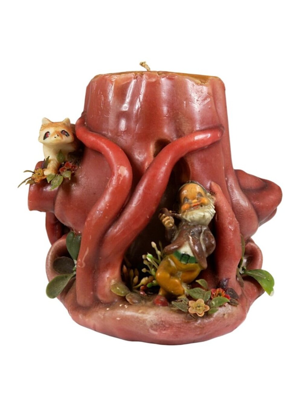 Vintage Tree Stump Candle – Gnome & Raccoon Scene, 1970s Boho Cottagecore Decor